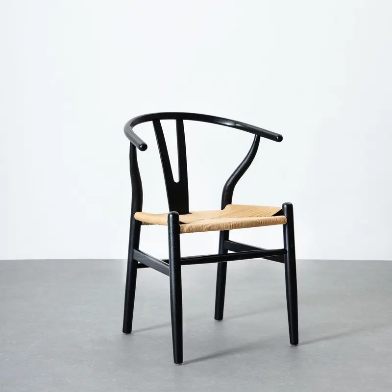 2 sillas de comedor Ming de madera de olmo negro con asiento de cuerda