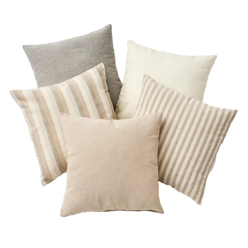 5 cojines de rayas beige y gris de algodón de 45x45 cm con relleno