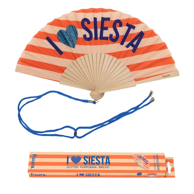 Abanico "I love siesta" purpurina