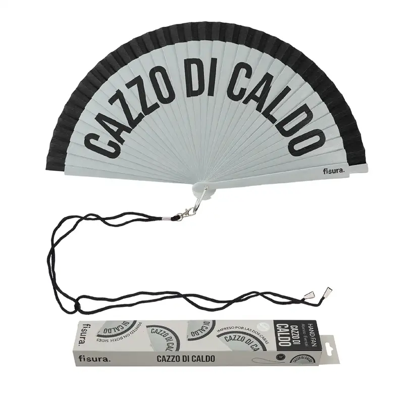 Abanico pintado "Cazzo di caldo" gris y negro