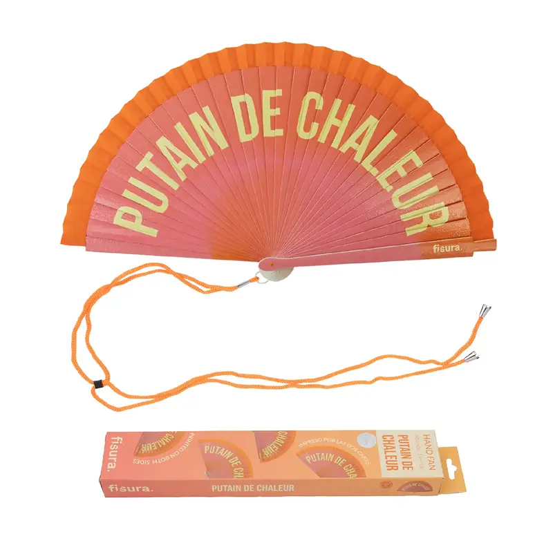 Abanico pintado "Putain de chaleur" degradado naranja
