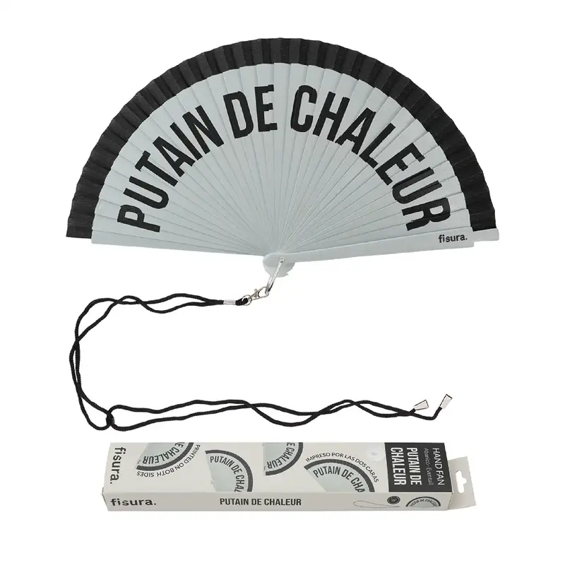 Abanico pintado "Putain de chaleur" gris y negro