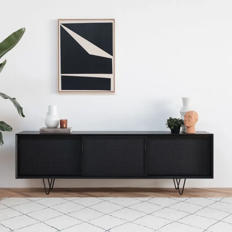 Aparador de ratán negro con puertas de lámina - Oskar - 220 cm