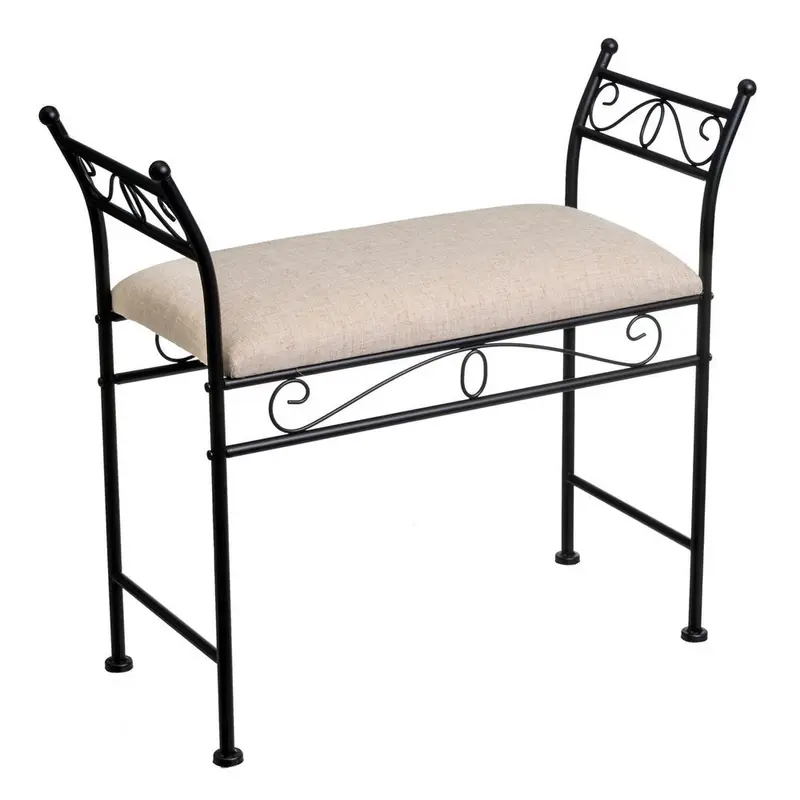 Banqueta pie de cama de metal negro tapizado en lino beige de 74 cm