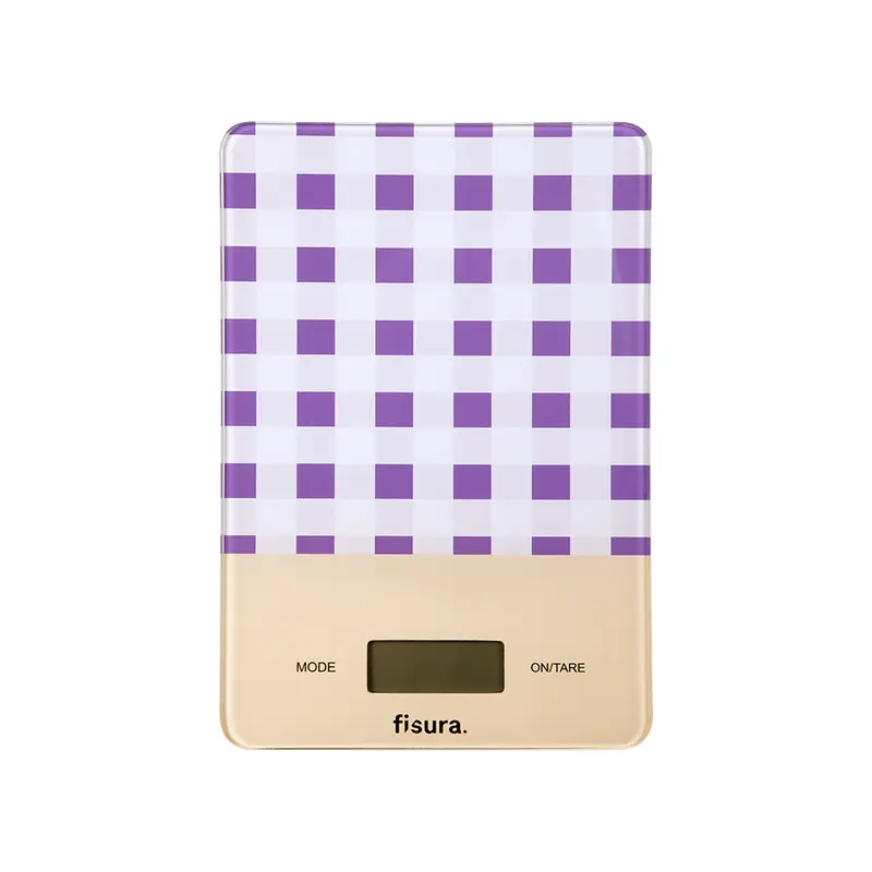 Báscula digital de cocina con estampado vichy morado