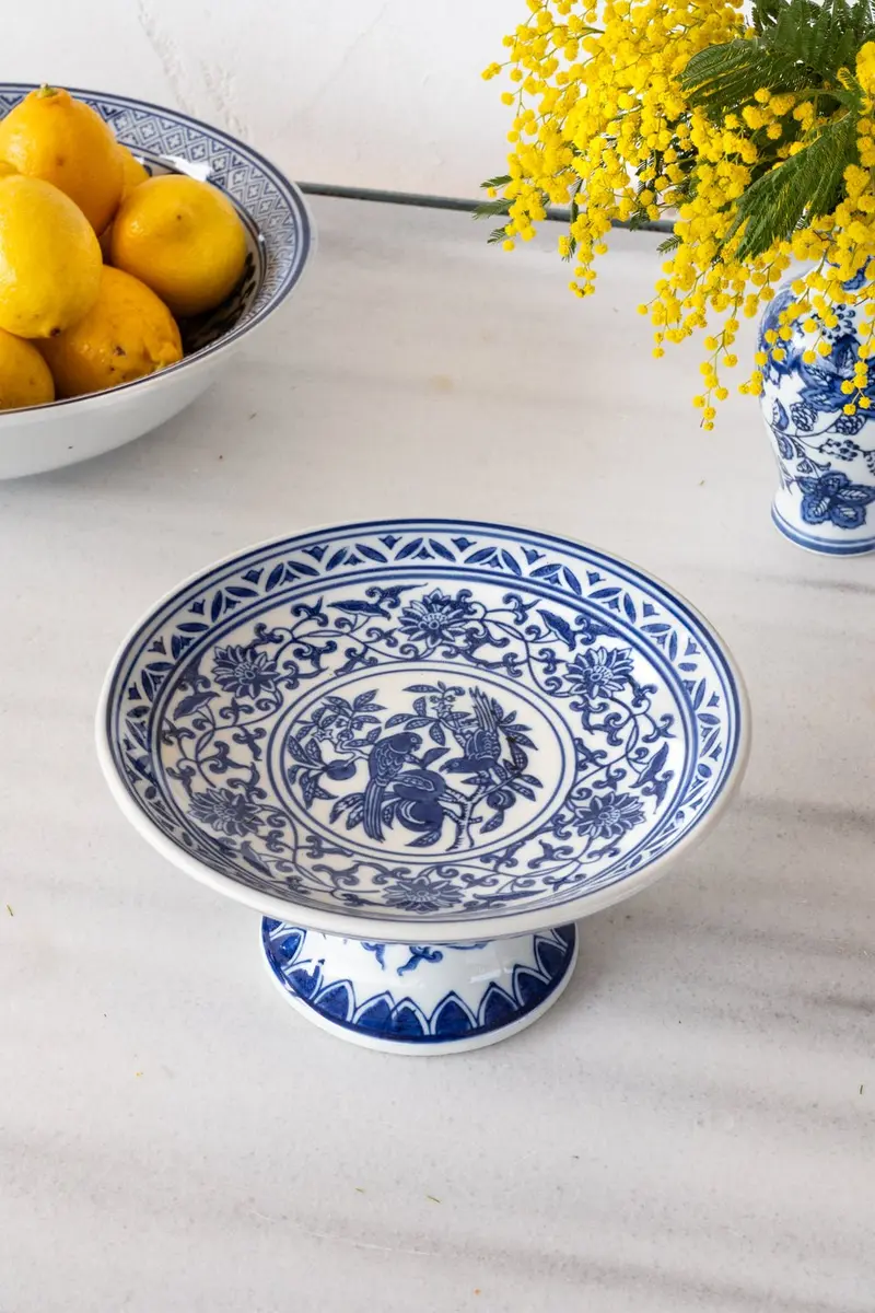 Base Con Pie De Porcelana Azul Y Blanca Grande