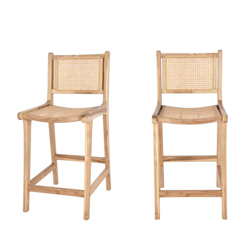 BASUKI - Lote de 2 taburetes de bar de teca y trenzado H65cm