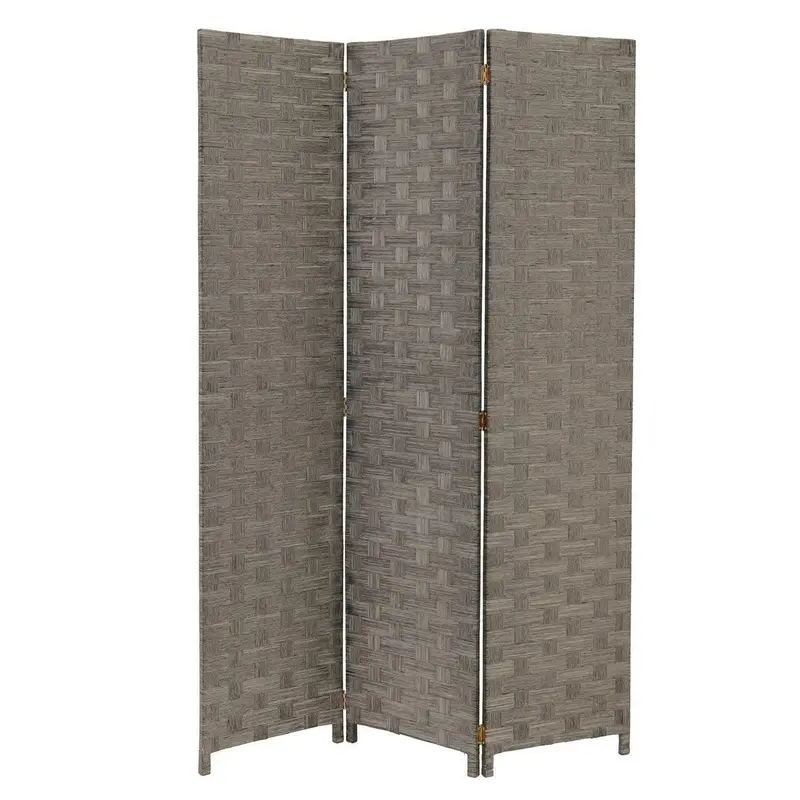 Biombo tríptico de papel trenzado color gris, plegable y de 120x175 cm