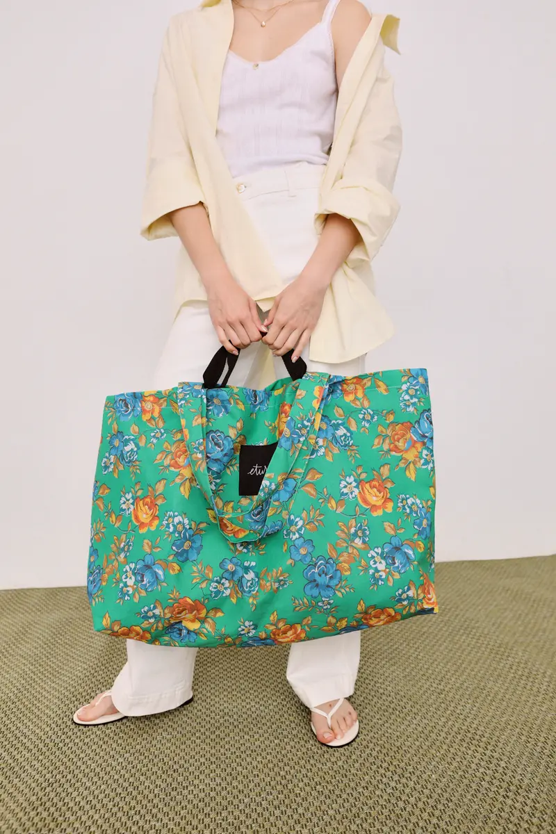 Bolso shopper maxi lona camping flores verde