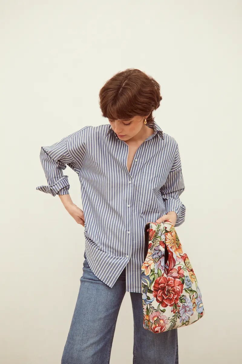 Bolso shopper mini tejido jacquard flores crisantemos rojos