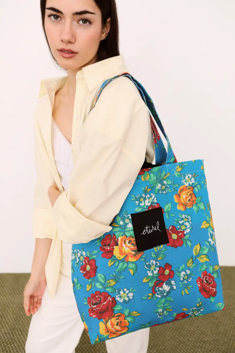 Bolso tote lona camping flores azul