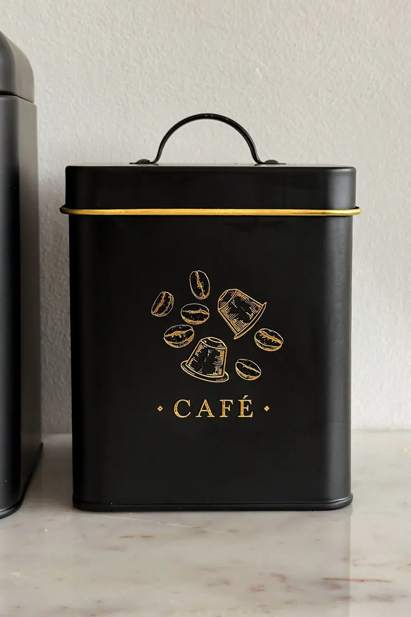 Bote Metálico Negro Con Ilustración Dorada Para Café