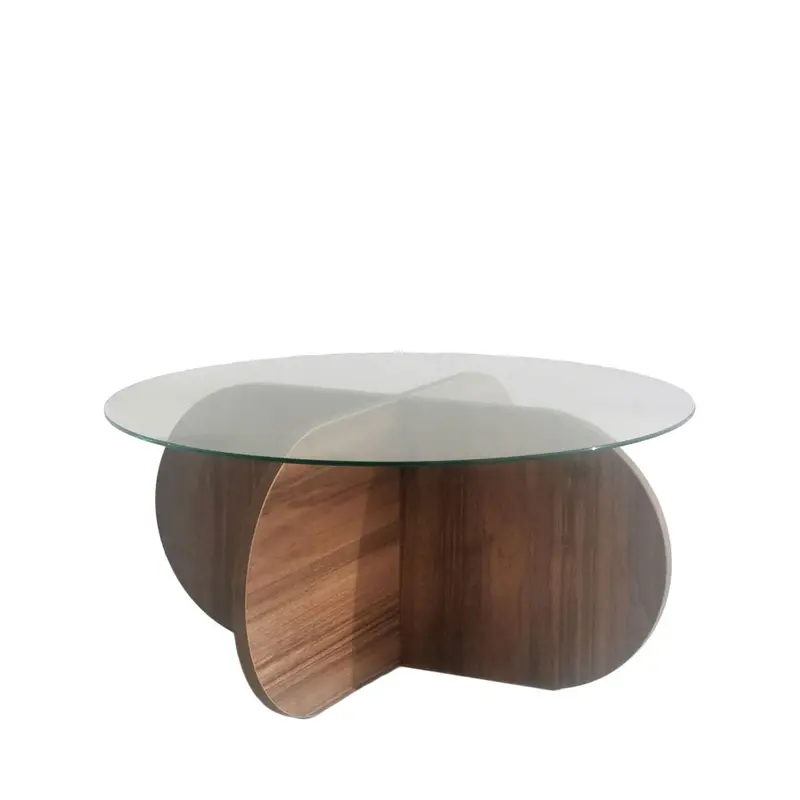 Bully - Mesa de centro redonda de vidrio templado y madera ø75cm