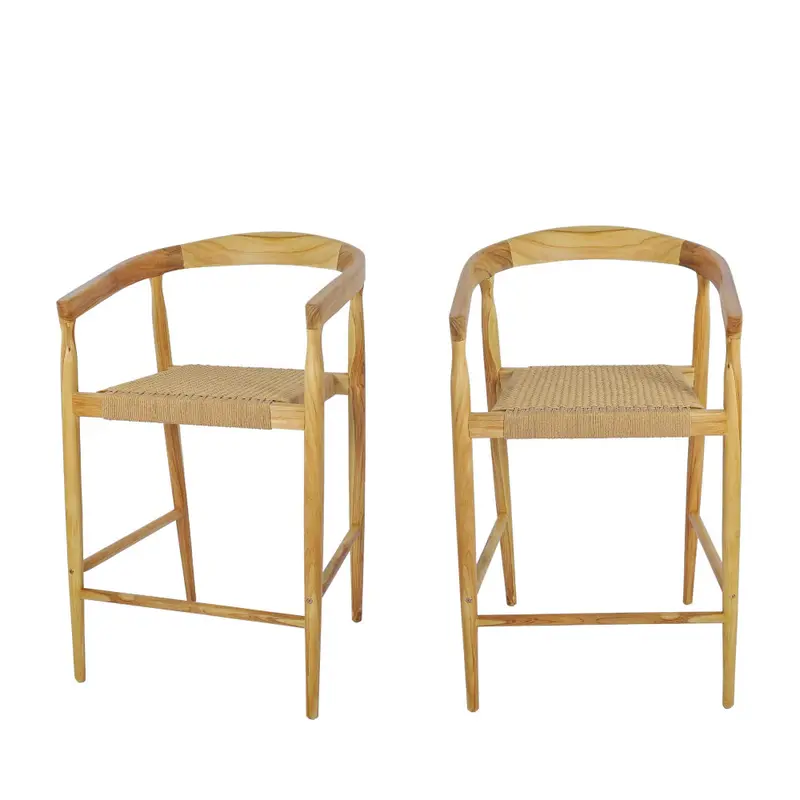 BURI - Lote de 2 sillones de bar de teca y cuerda trenzada H65cm