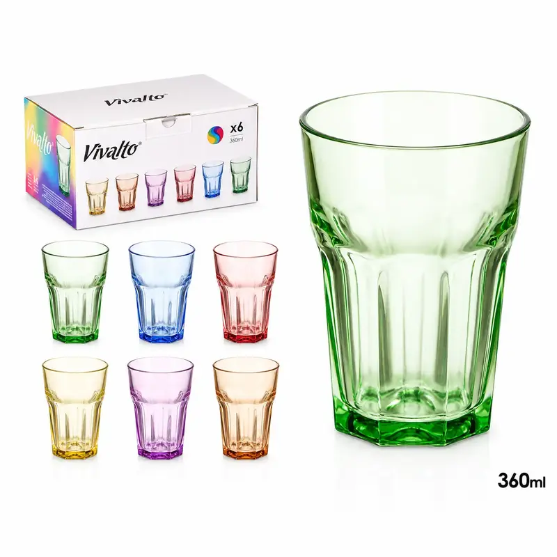 CAJA 6 VASOS VIDRIO 360ML 6 COLORES