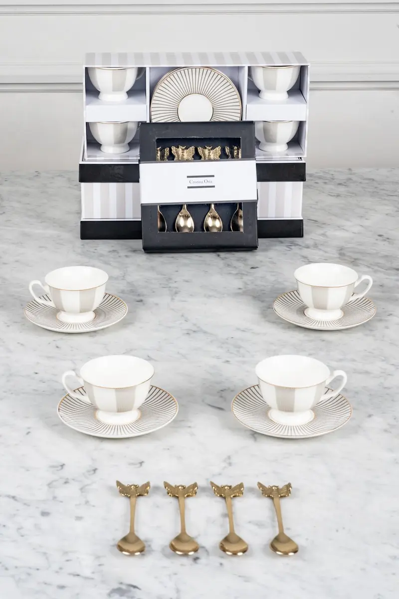 Caja De Regalo Tazas Espresso Grises Y Cucharitas De Bronce