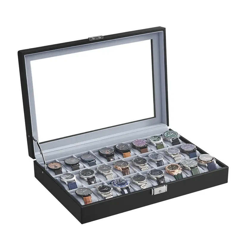 Caja de Relojes con Cierre Ranuras Tapa de Cristal Regalo Cuero Sintético