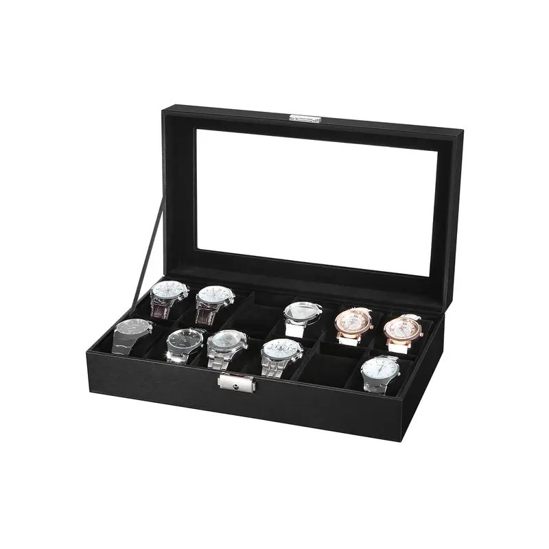 Caja de Relojes con Compartimentos con Tapa de Cristal Cojín Extraíble