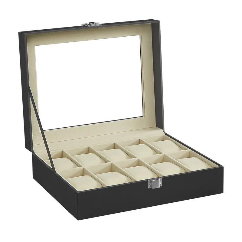Caja de Relojes con Compartimentos con Tapa de Cristal Cojín Extraíble