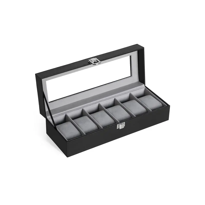 Caja de Relojes con Ranuras con Tapa de Cristal Cerradura de Metal