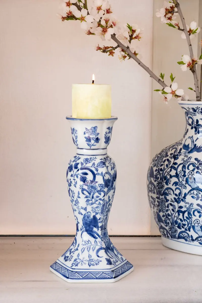 Candelabro De Porcelana Azul Y Blanco