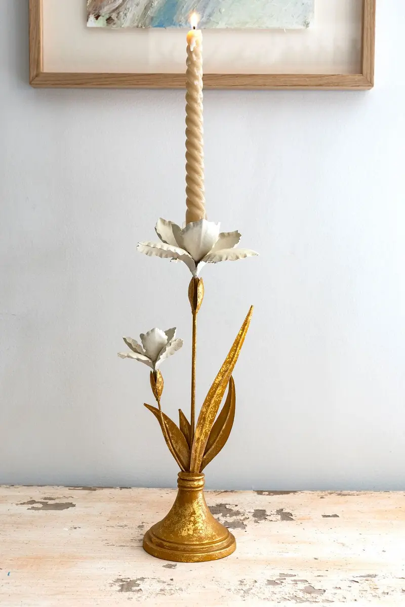 Candelabro Dorado Y Blanco Diseño Flor De Iris