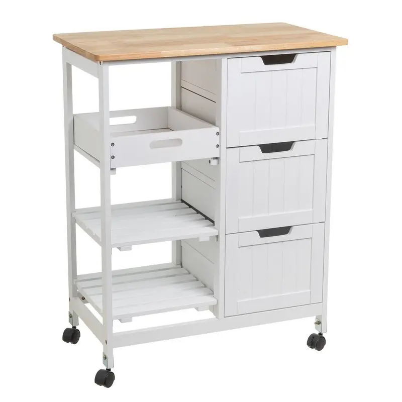 Carro de cocina en madera de pino y laminado color blanco de 68x38x85 cm