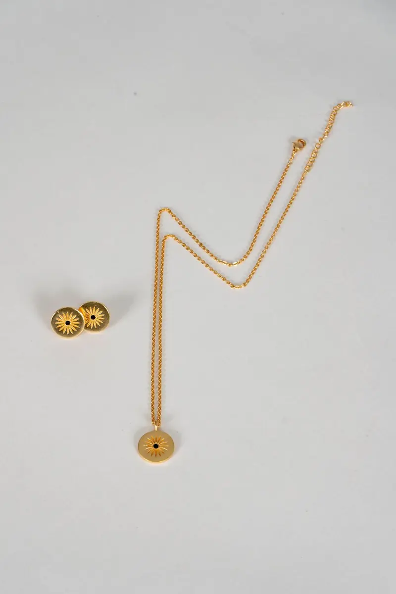 Combinación Pendientes & Collar Dorados Con Diseño Sol Y Circonita Negra