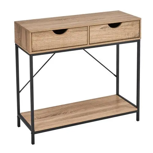 Consola recibidor Urban 2 cajones de metal negro y madera roble 80x30x75 cm