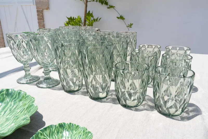 Cristalería Completa Acrílica Verde Con Diseño De Rombos
