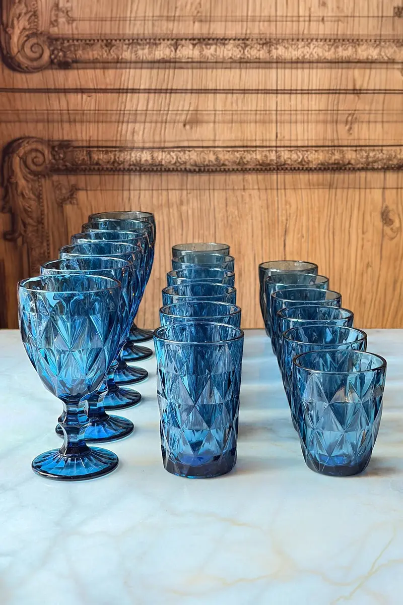 Cristalería Completa Azul Diseño Rombos