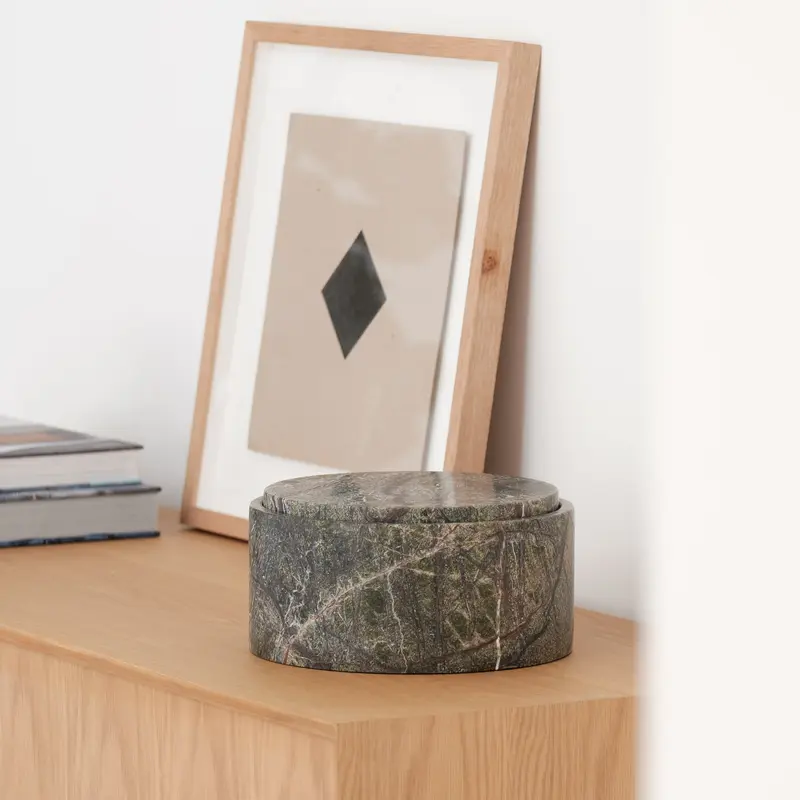 Cuenco de almacenamiento de travertino con tapa - Mármol verde bosque - Al. 12 cm