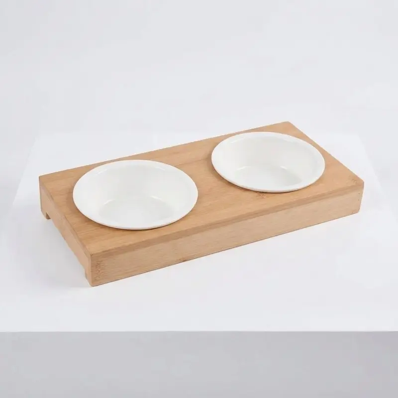 Cuenco Doble de Cerámica con Soporte Bambú