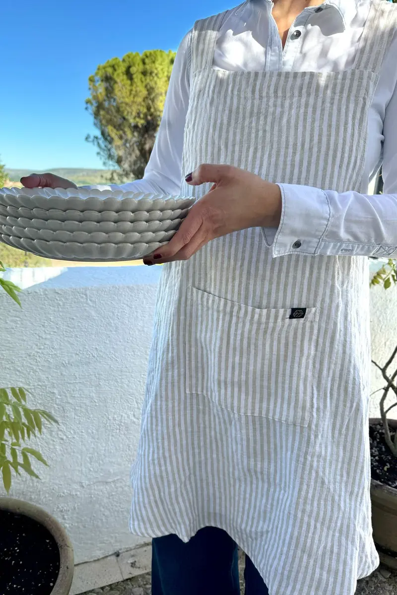 Delantal De Lino Con Diseño De Rayas Beige