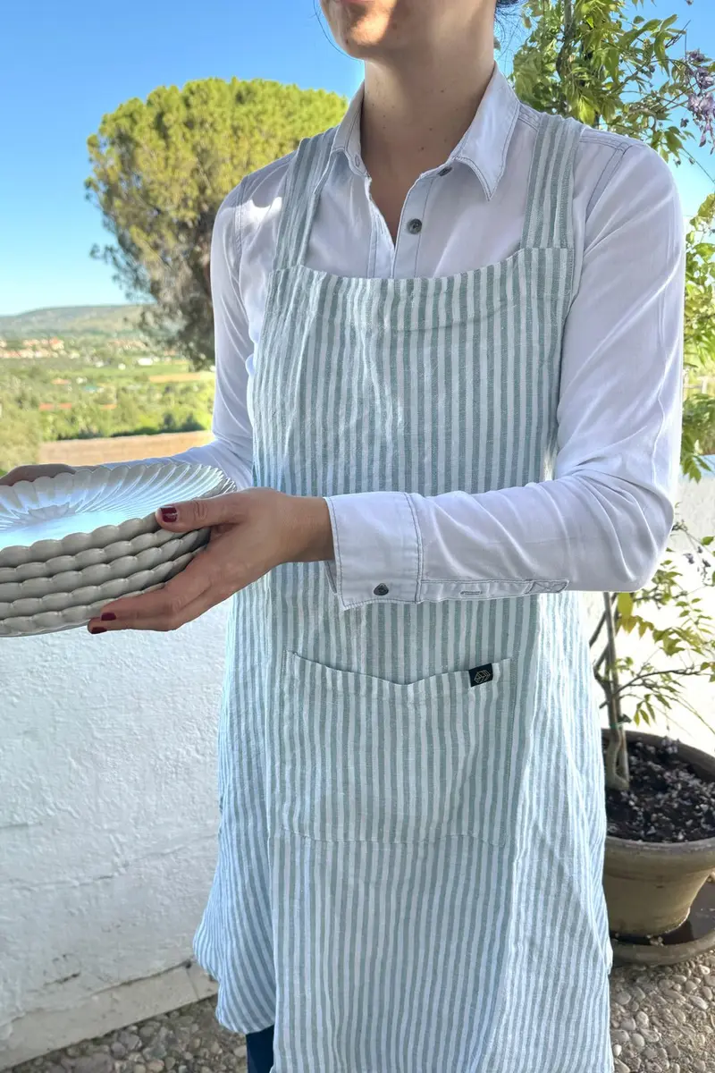 Delantal De Lino Con Diseño De Rayas Verde Agua