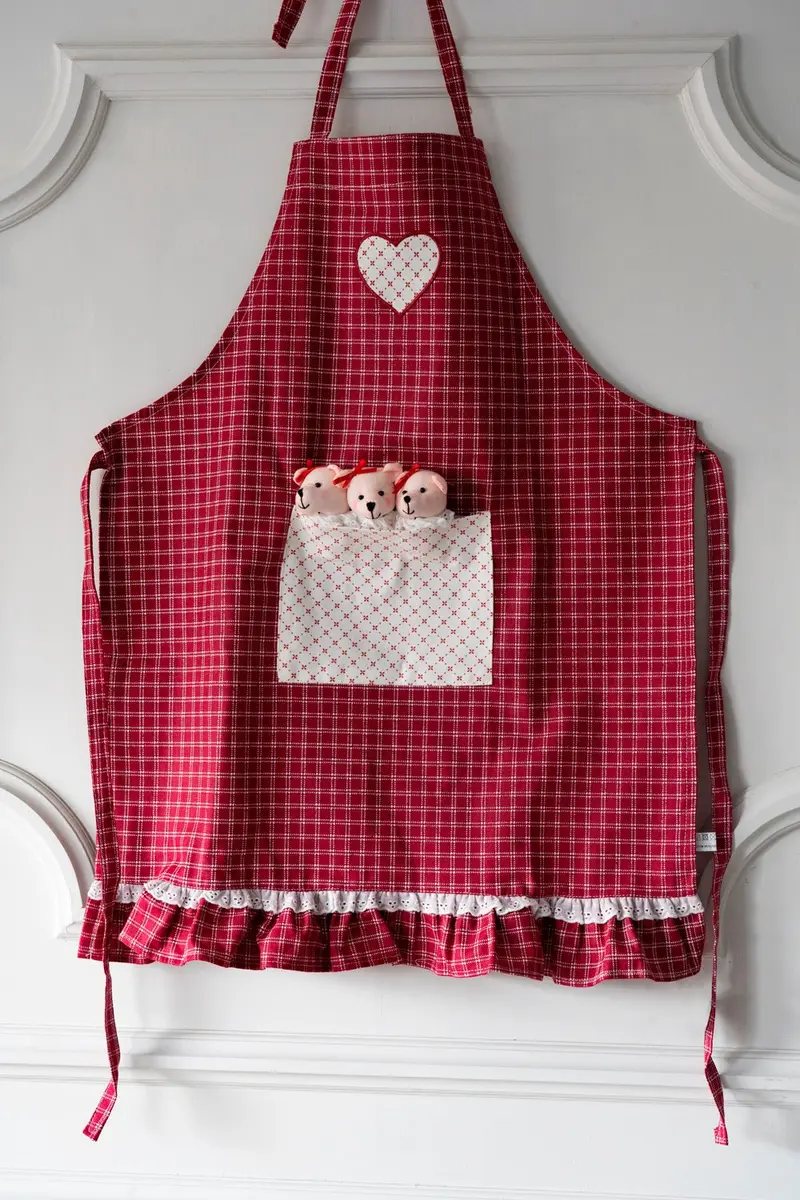 Delantal De Niños Con Diseño De Osos & Cuadros Rojos