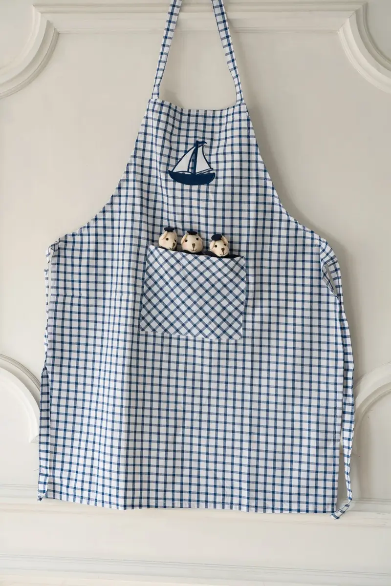Delantal De Niños Con Diseño De Osos Marineros & Cuadros Azules
