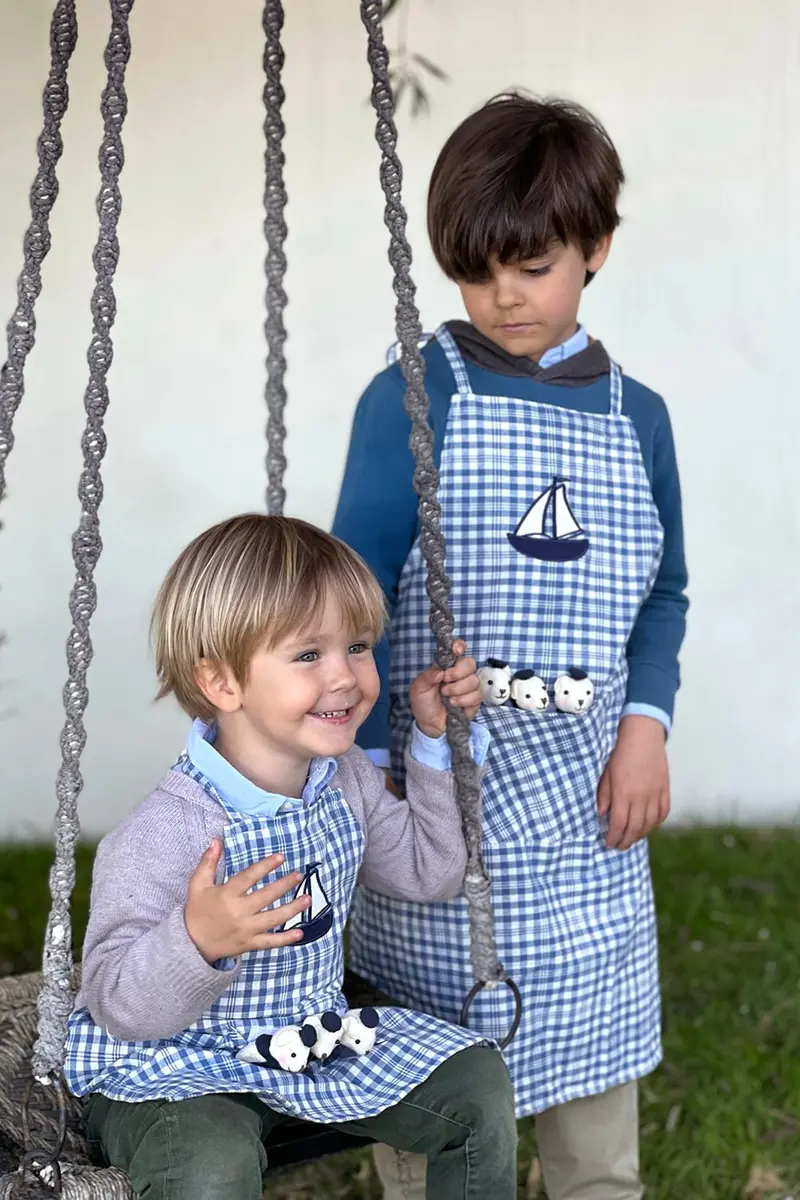 Delantales De Niños Con Diseño De Ositos & Cuadros Azules