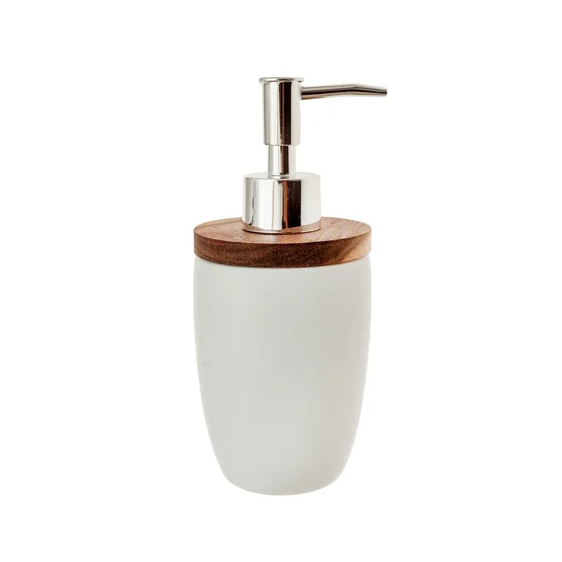 Dispensador de Jabón Mate de Dolomita y Madera de Acacia 7,5 x 7,5 x 17,5 cm