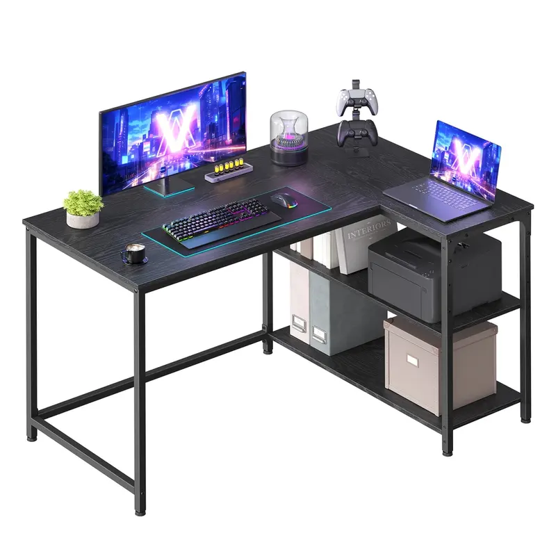 Escritorio en L gaming con estantería y baldas regulables
