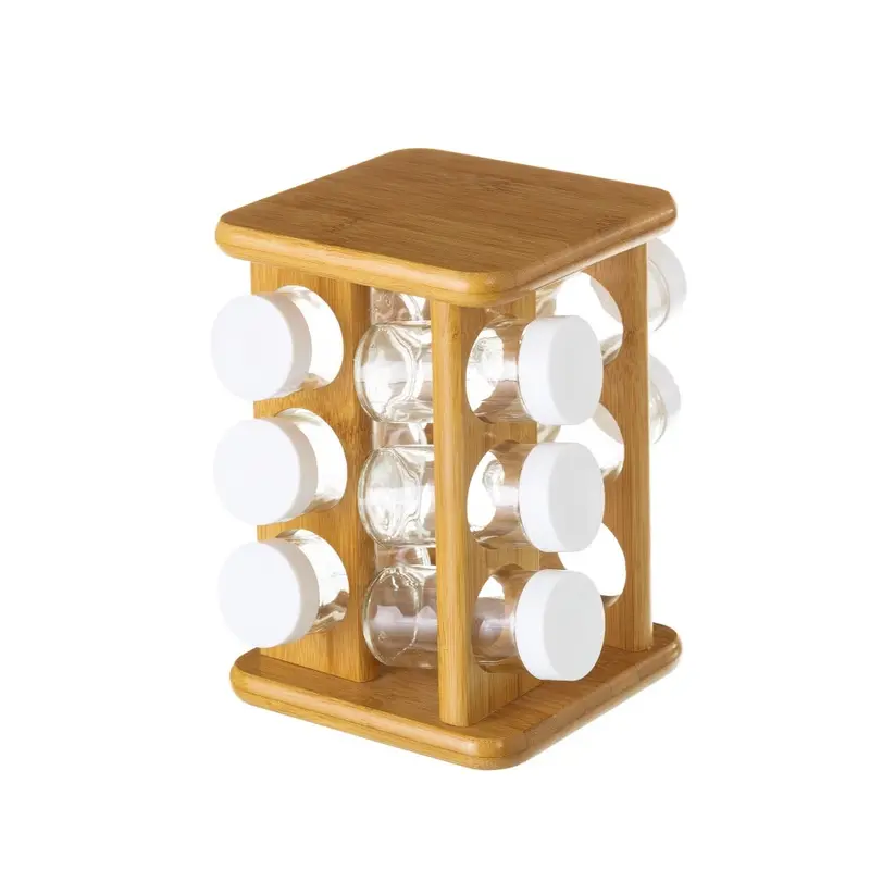 Especiero de bambú en marrón y blanco con 12 botes de vidrio de 15x15x23 cm