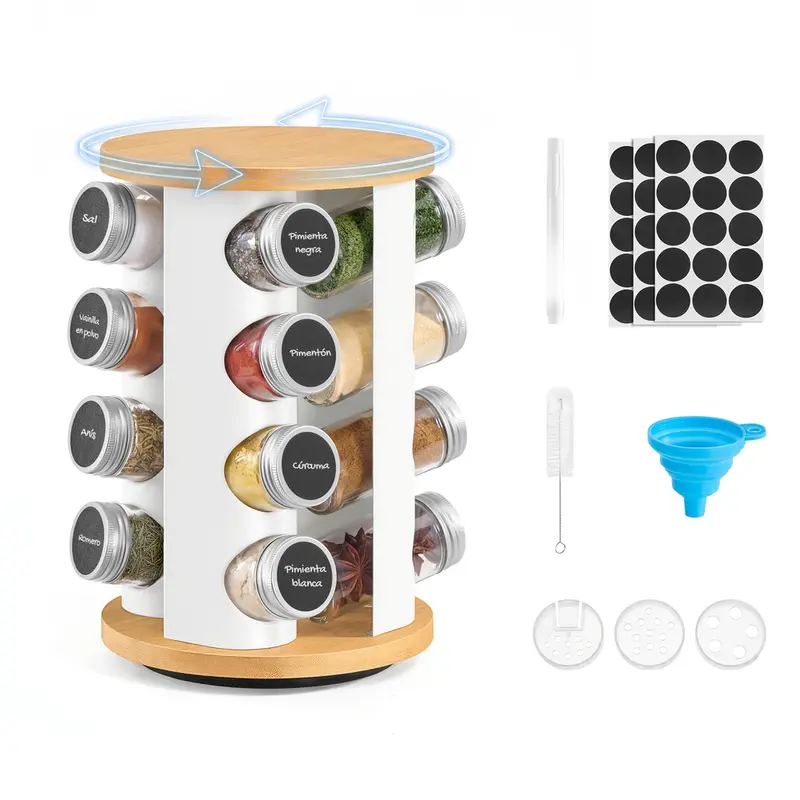 Especiero Giratorio, con 16 Frascos de Vidrio, Organizador de Cocina y Soporte para Especias