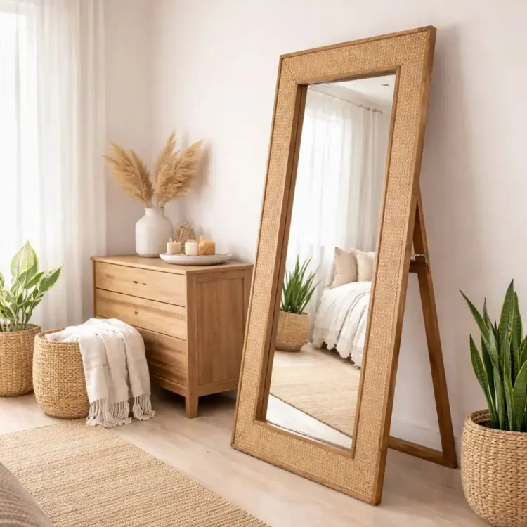 Espejo de pie de madera de mango y ratán natural 182×90 cm