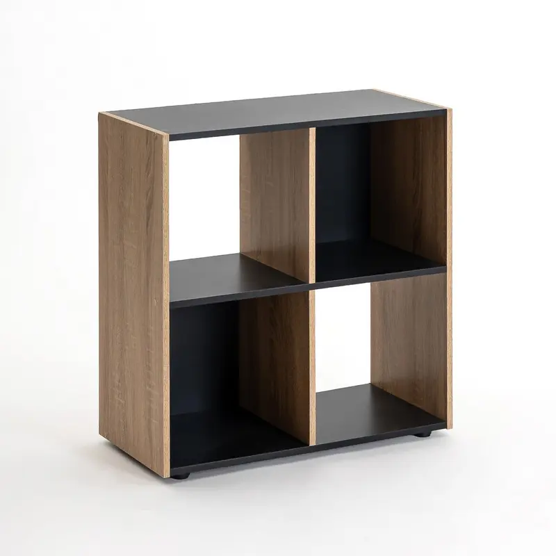 Estantería Cubo con 4 huecos de laminado negro y roble de 62x60x30 cm
