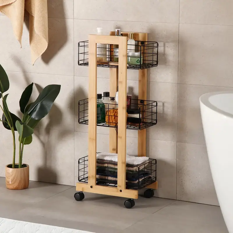 ESTANTERIA RECTANGULAR BAMBU CON 3 CESTAS NEGRAS