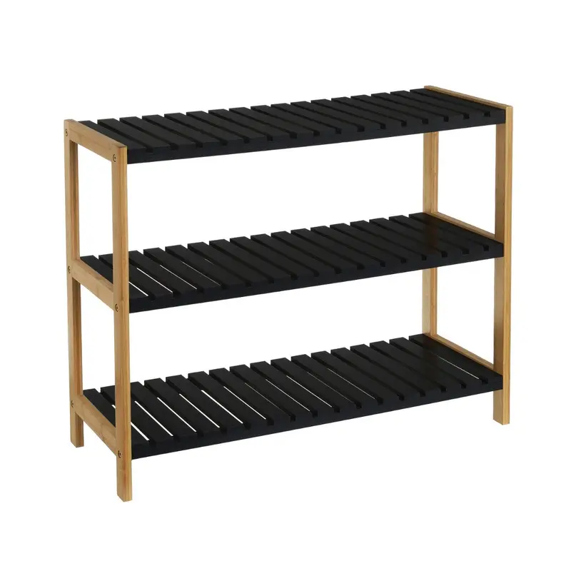 Estantería zapatero de bambú con 3 estantes laminados negros de 70x26x59 cm