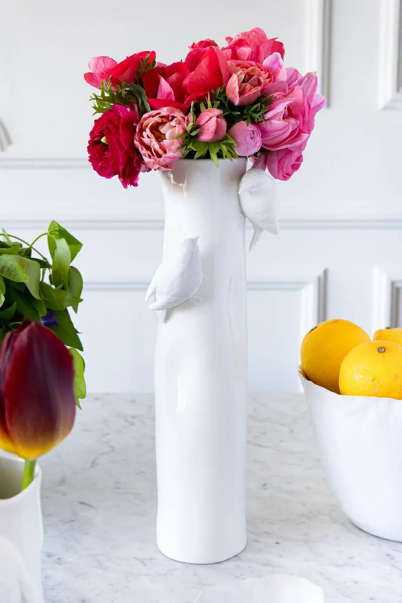 Florero Porcelana Blanco Con Pájaros Mediano