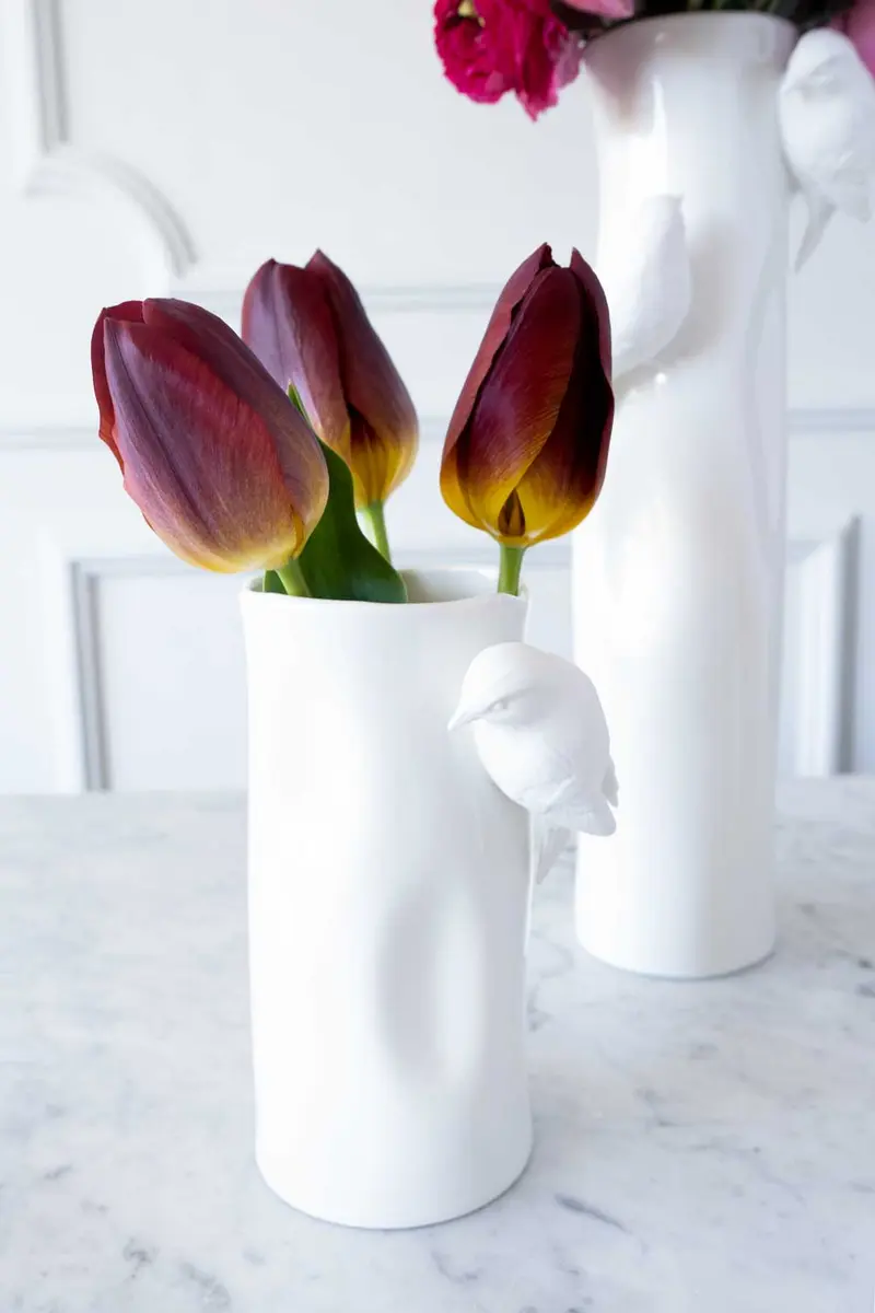 Florero Porcelana Blanco Con Pájaros Pequeño