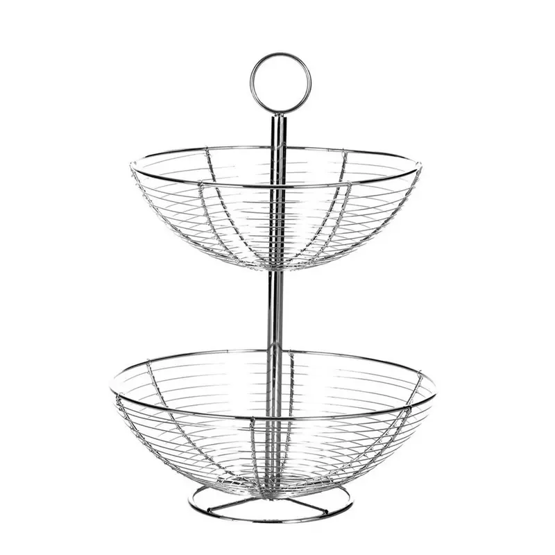 Frutero plateado de metal cromado con 2 alturas de 30x30x41 cm