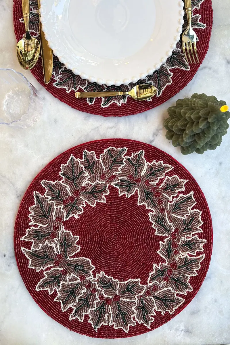 Individual Corona De Navidad Bordado Con Cuentas
